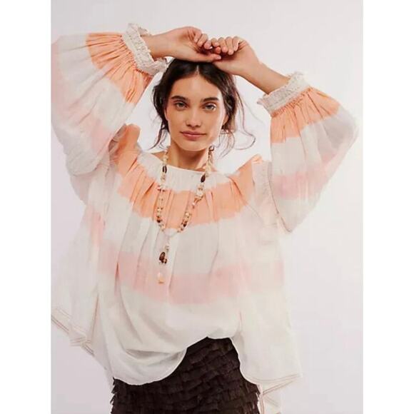 We The Free Tops - We The Free Sweet Stripe Orange and White Balloon Sleeve Boho Oversized Blouse